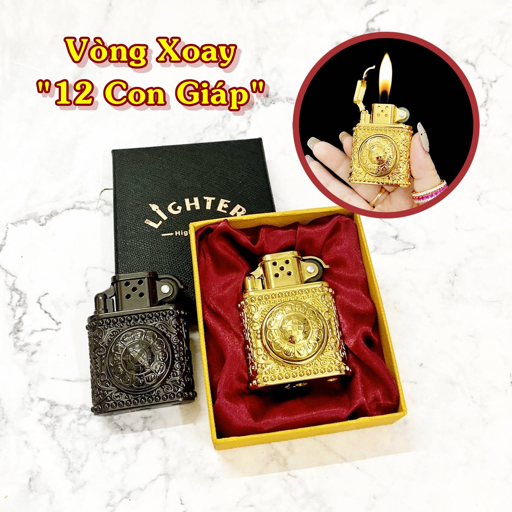 Hộp quẹt bật lửa Z852 cối gas đá vòng xoay 12 con giáp - (xài gas)