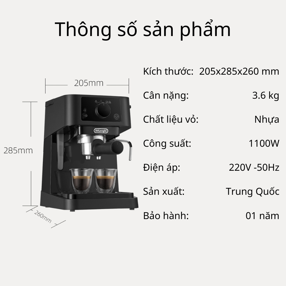 Máy pha cà phê Espresso Delonghi EC235.BK công suất 1100W đánh bọt sữa, tạo lớp kem capuchino, Latte - Hàng nhập khẩu