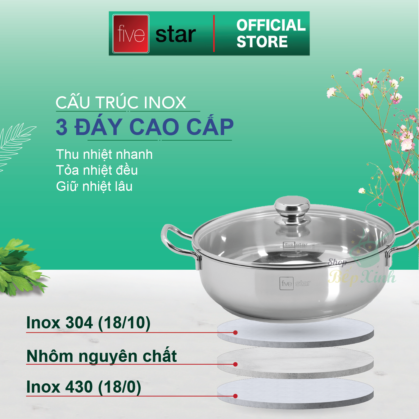 Nồi lẩu xửng hấp FIVESTAR 3 đáy từ nắp kính