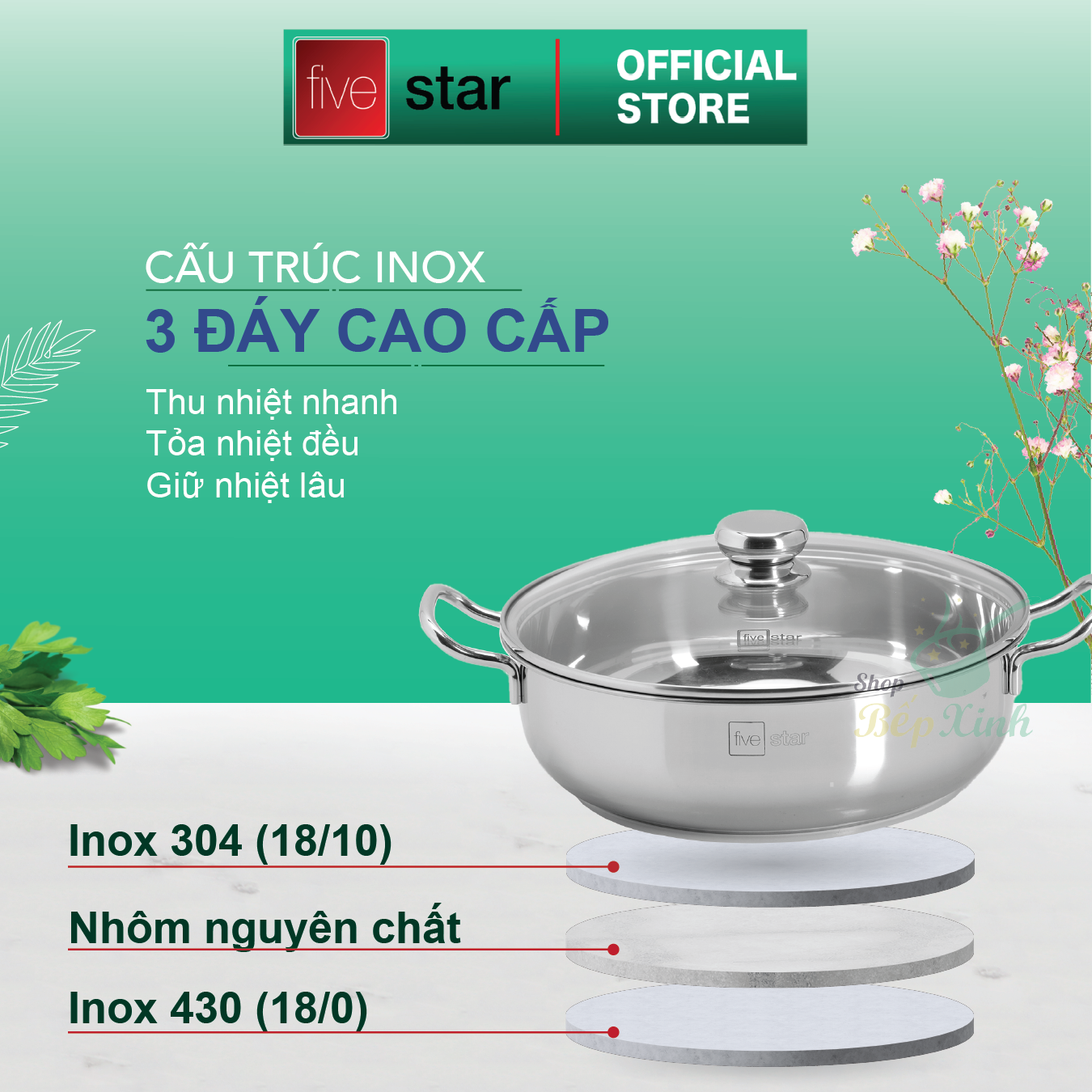 Nồi lẩu xửng hấp FIVESTAR 3 đáy từ nắp kính ( 24cm , 26cm , 28cm )