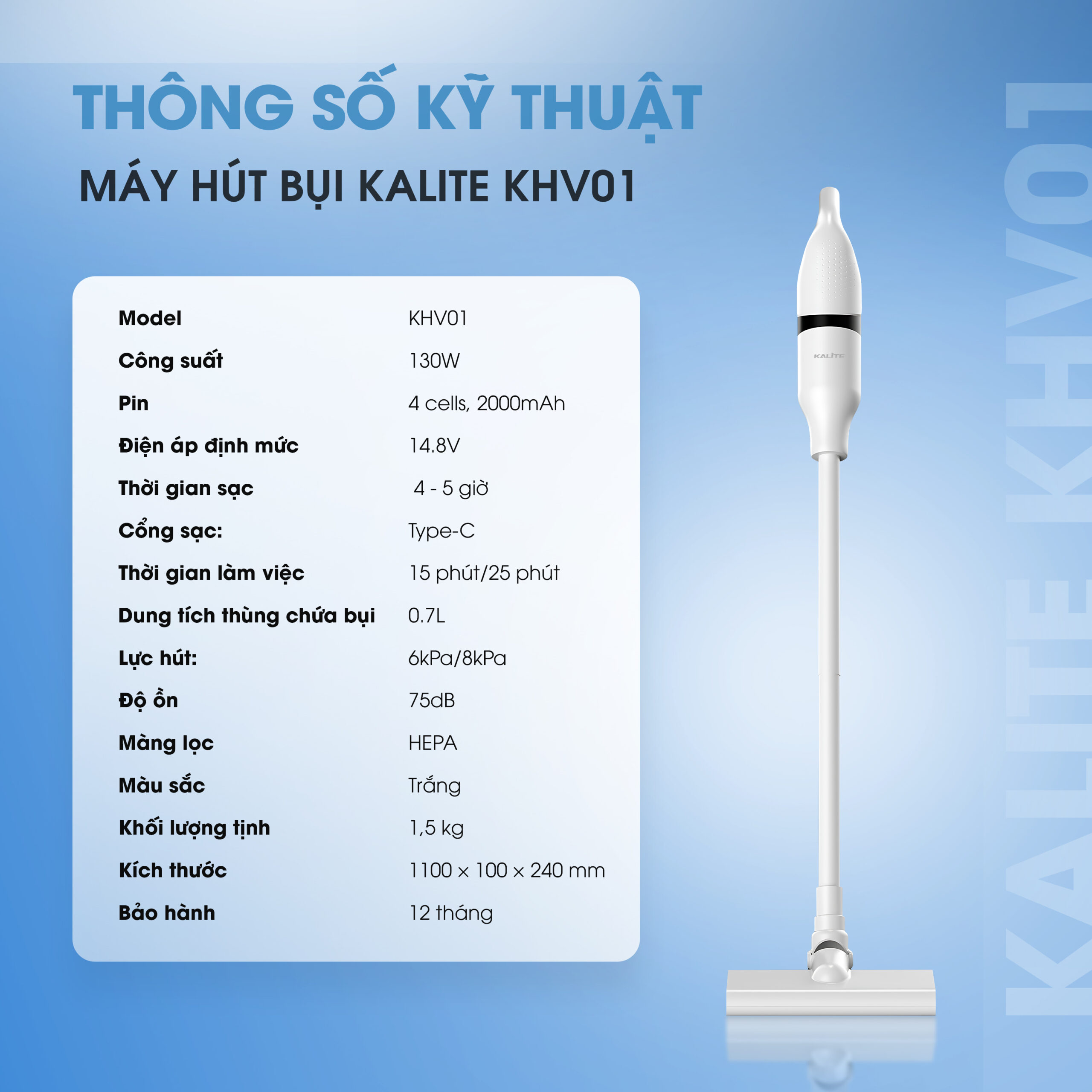 Máy Hút Bụi Cầm Tay Đa Năng Không Dây KALITE KHV01 Bộ Lọc Hepa Pin 2000mAh Dung Tích 0.7L - Hàng Chính Hãng