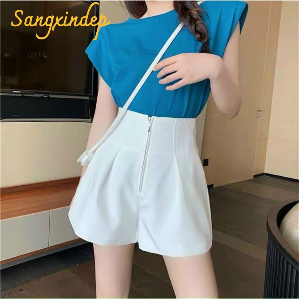 Quần short nữ cạp cao xuốt eo gen bụng khoá giữa sang chảnh