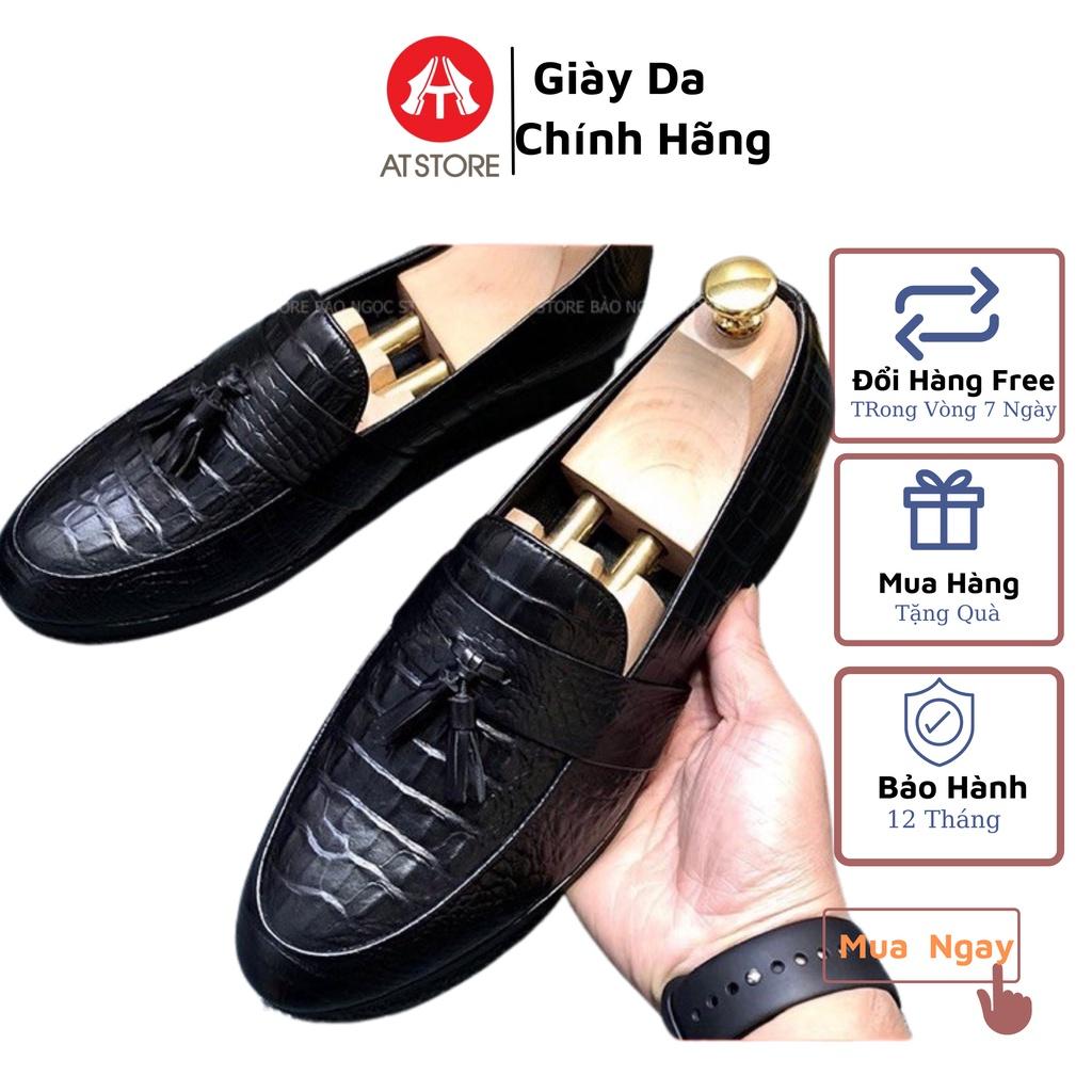 Giày lười nam công sở da bò dập vân cá sấu cao cấp, có chuông trang trí - Bảo hành nổ da 12 tháng