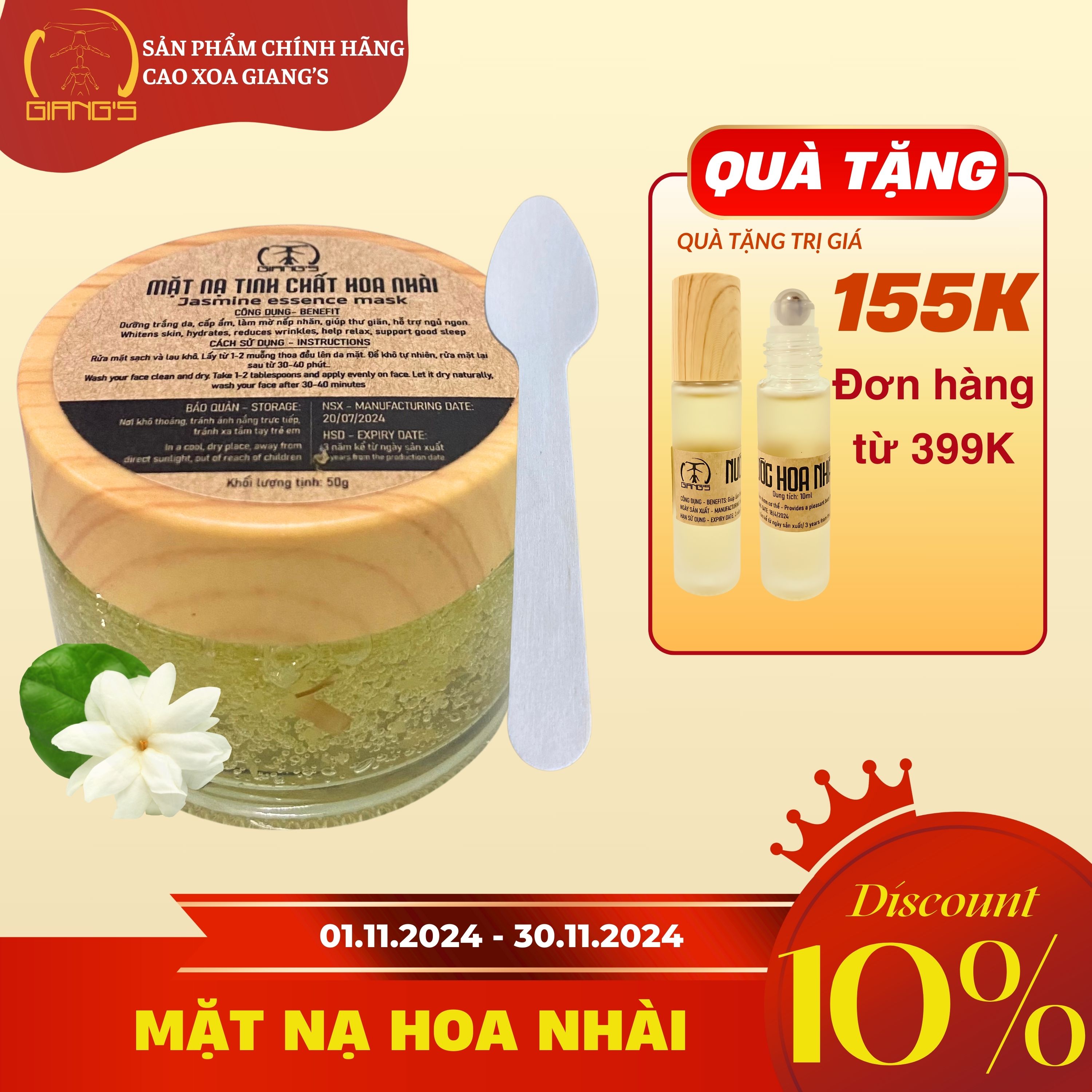 Mặt Nạ Hoa Nhài GIANG'S lọ 50ml - dưỡng trắng, cấp ẩm cho da mặt, cải thiện lão hóa da