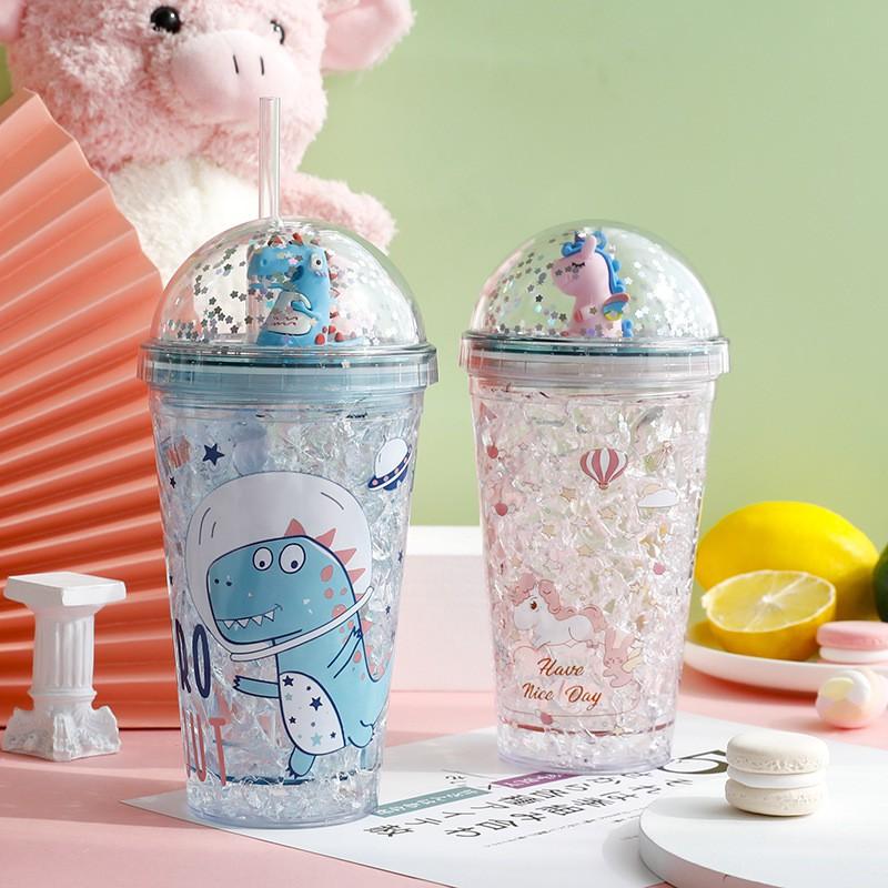 Cốc Uống Nước Cute Có Nắp Và Ống Hút 500ml, Ly Uống Nước Họa Tiết Kim Tuyến Khủng Long Dễ Thương