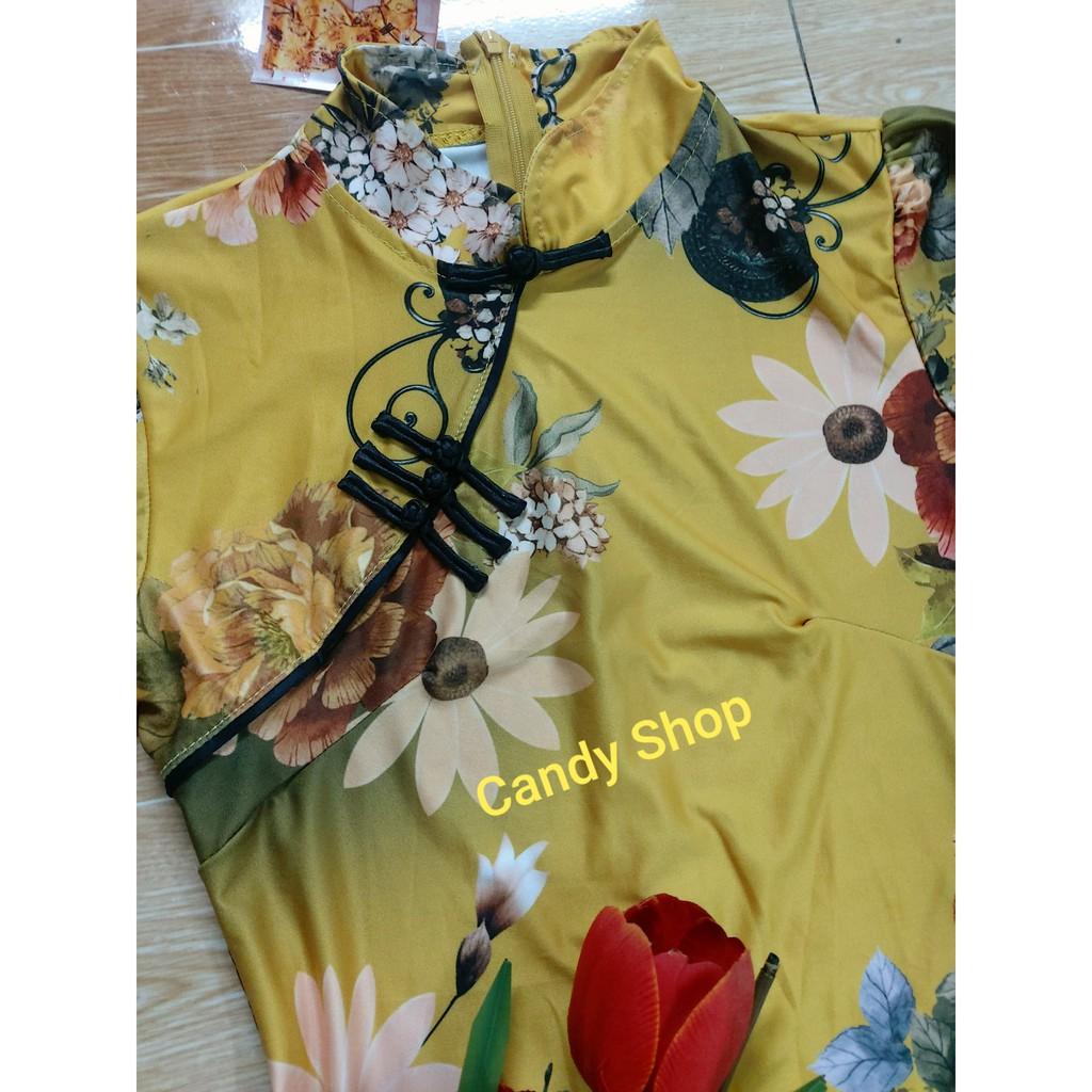Đầm body sườn xám cổ tàu hoạ tiết xịn xò + Ảnh thật