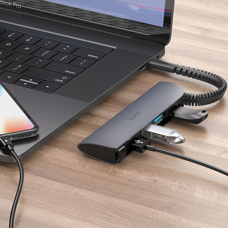 Bộ Chuyển Đổi Trung Tâm Hoco HB12 Victory Type-C Sang 4 Cổng USB3.0 Hỗ Trợ Điện Thoại Di Động Và Máy Tính Bảng Hợp Kim Nhôm OTG. - Hàng Chính Hãng