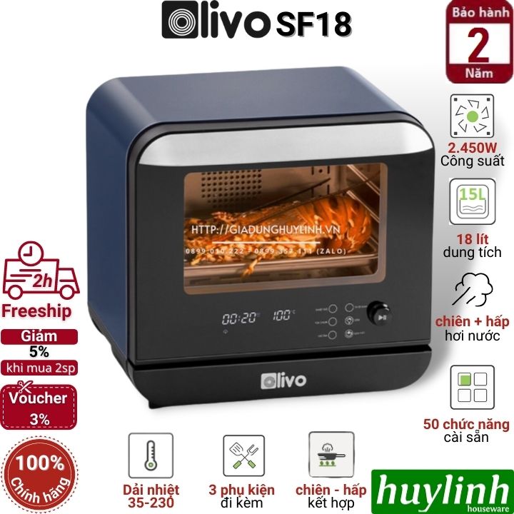 Nồi chiên không dầu hấp hơi nước Olivo SF18 - Dung tích 18 lít - 50 Menu - Hàng chính hãng