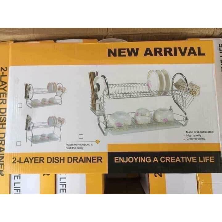 Giá úp bát đĩa 2 tầng inox có khay hứng nước
