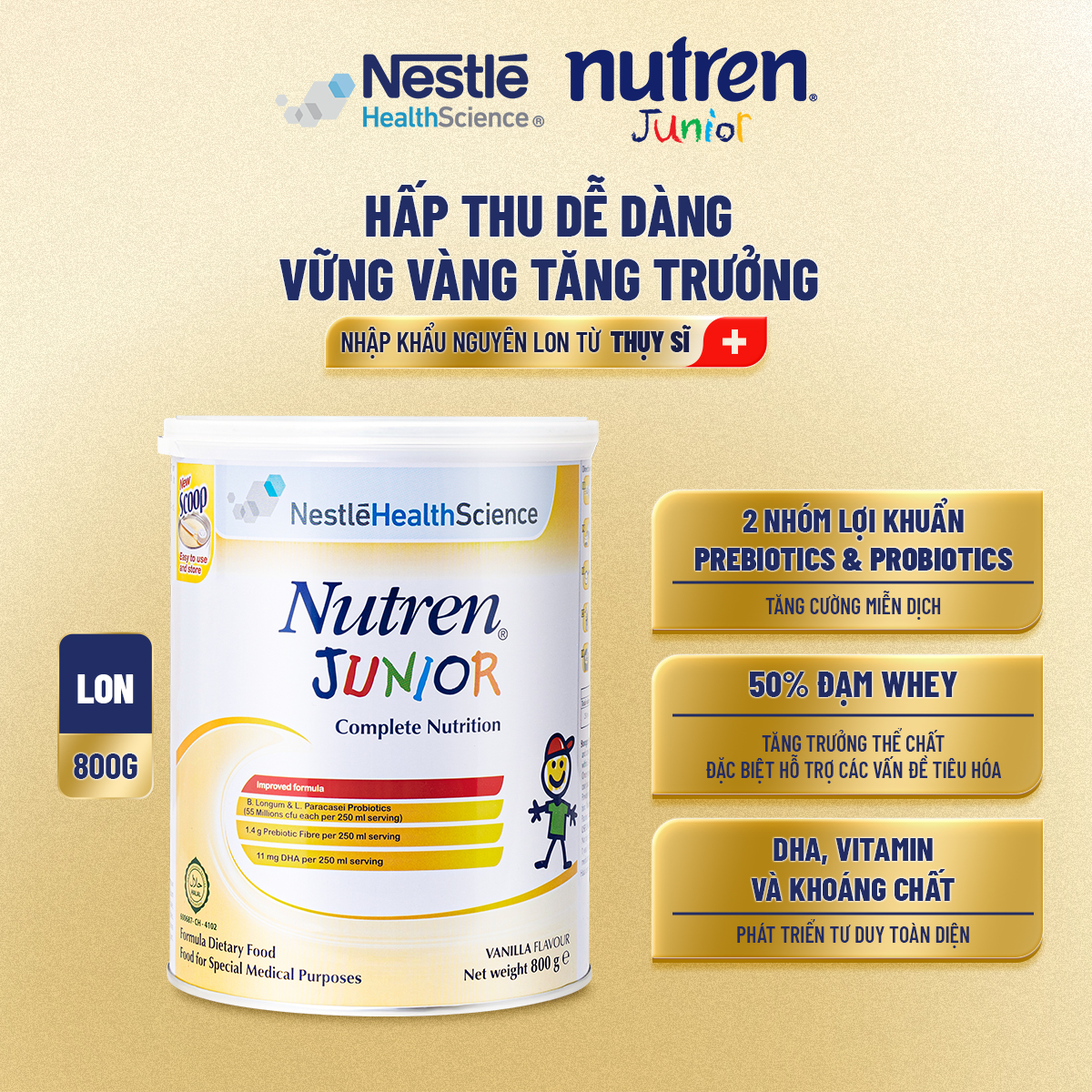 Thực phẩm dinh dưỡng Nutren Junior Thụy Sĩ hỗ trợ tăng cân tiêu hóa tốt cho trẻ từ 1 đến 10 tuổi 800g