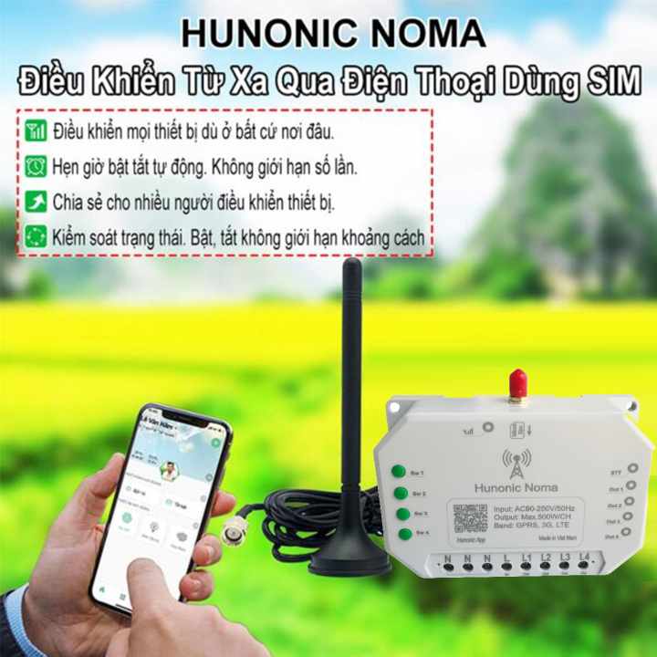 Công Tắc Thông Minh Dùng Sim Hunonic Noma 4CH - 4 Kênh 500W/Kênh - Điều Khiển Từ Xa Bằng Điện Thoại - Công nghệ 4.0