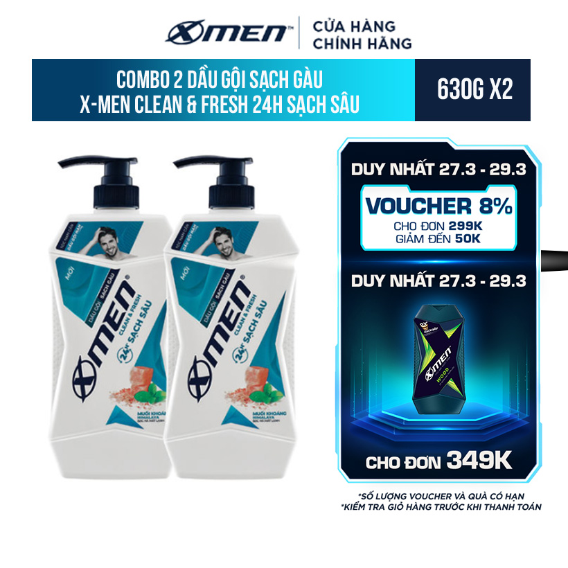 Combo 2 Dầu gội Sạch Gàu X-Men Clean &amp; Fresh 24h Sạch Sâu 630g/chai