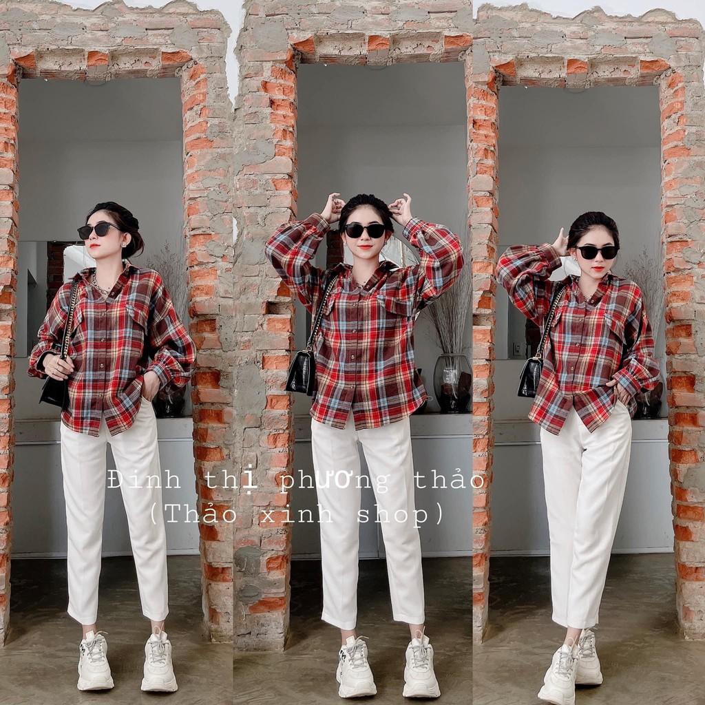 Sét áo kẻ thụng mix quần suông trắng cực cá tính-năng động dễ mix ti tỉ đồ Áo chất kẻ thô qc
