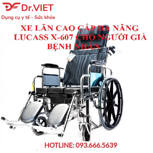 Xe lăn đa năng cao cấp Lucass X-607  - Xe ngả nằm, bô hình chữ nhật, có thắng, 2 bánh xe chống lật cho người già, khuyết tật.