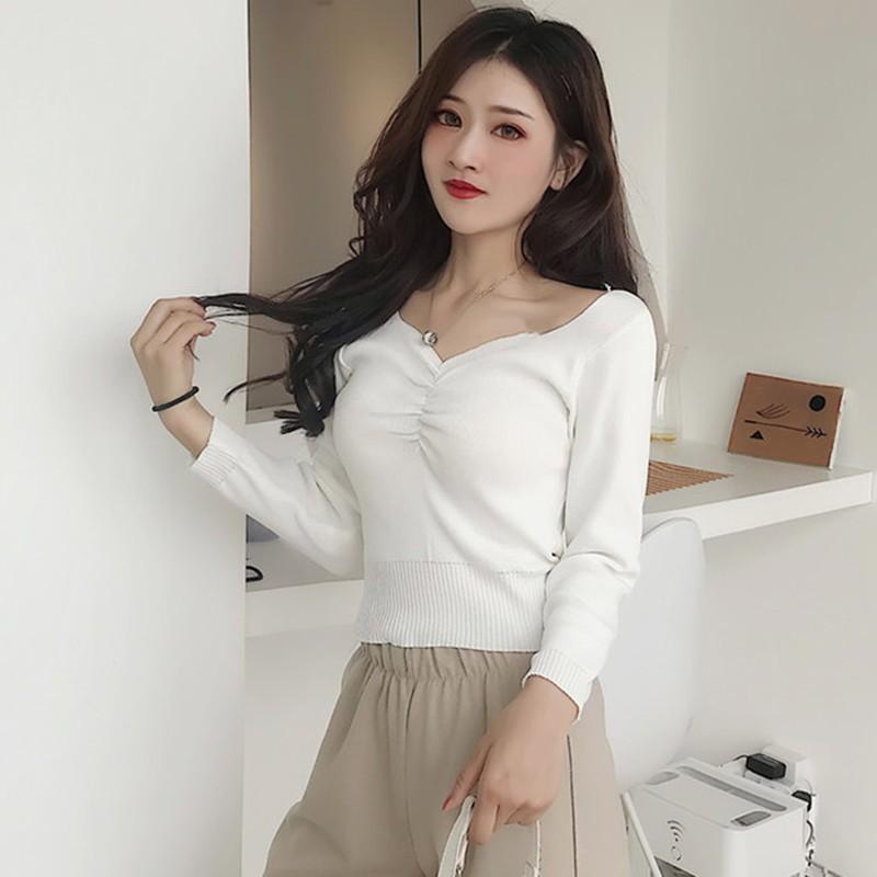 Áo len nữ tay dài cổ chữ V kiểu Hàn Quốc