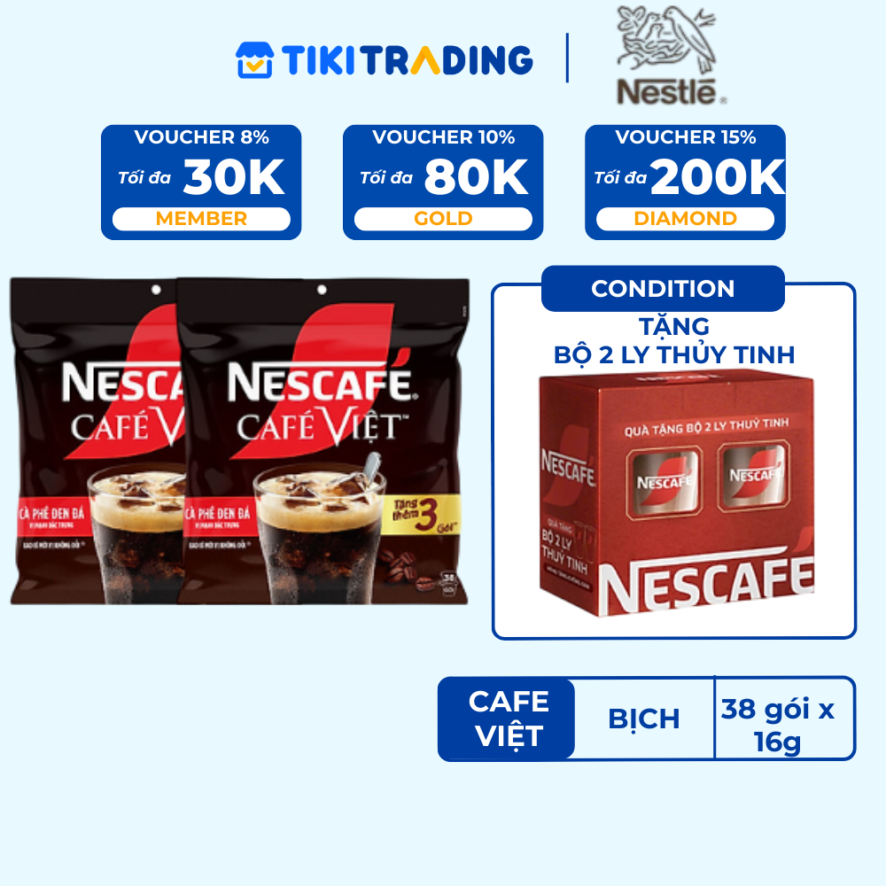 [ Tặng 1 Ly nhựa cao cấp 750ml] Combo 2 Bịch Cà phê đen hòa tan NESCAFE Café Việt (Túi 35 gói x 16g)