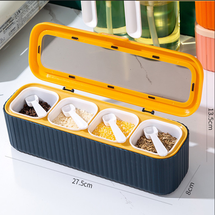 Hộp đựng gia vị 4 ngăn cao cấp, nắp trong suốt, chân chống trượt, chống bám bụi, dầu mỡ Bắc Âu 27cm