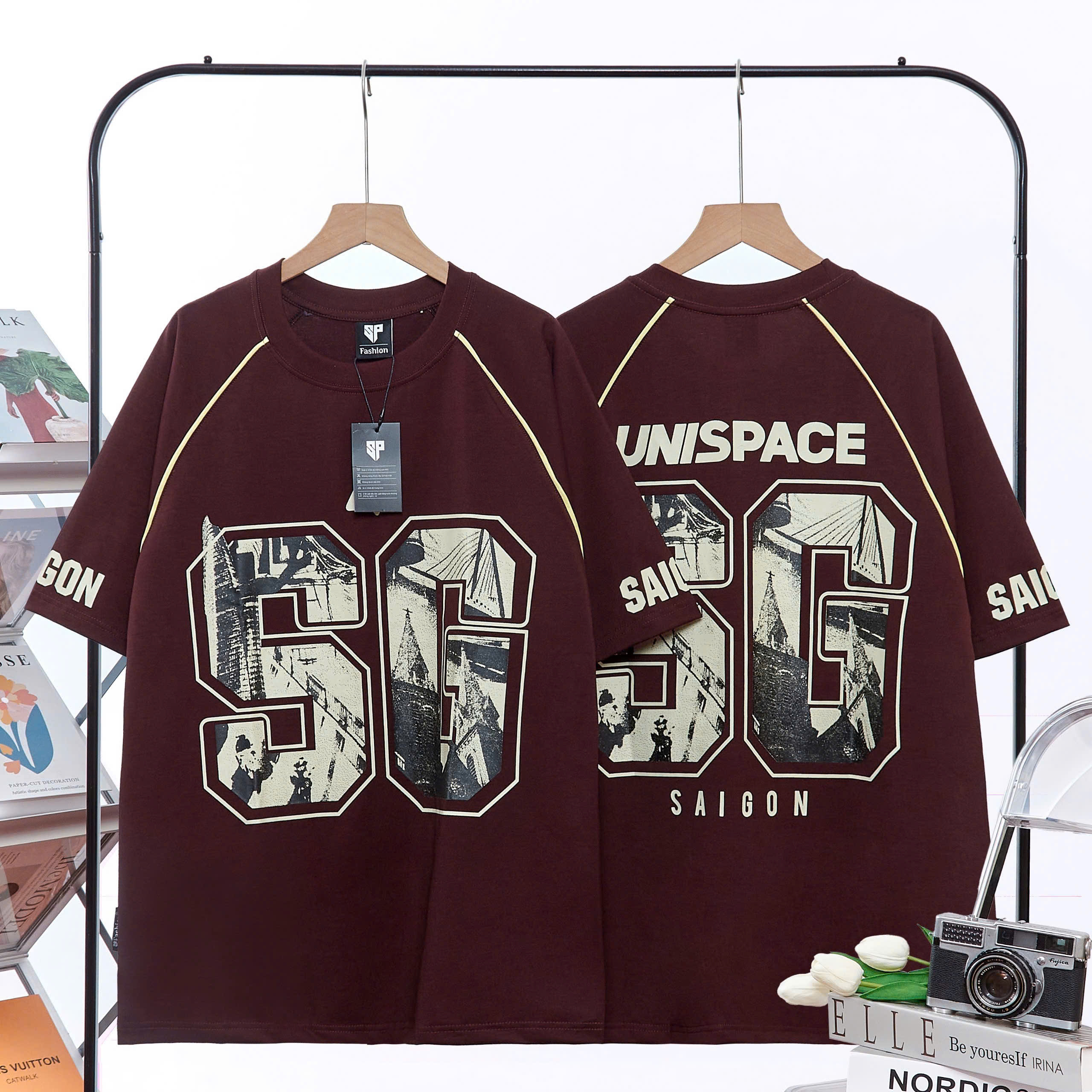 Áo phông nam nữ form rộng 2N Unisex thun cotton in SG màu be/đen/xám/đỏ/đỏ mận