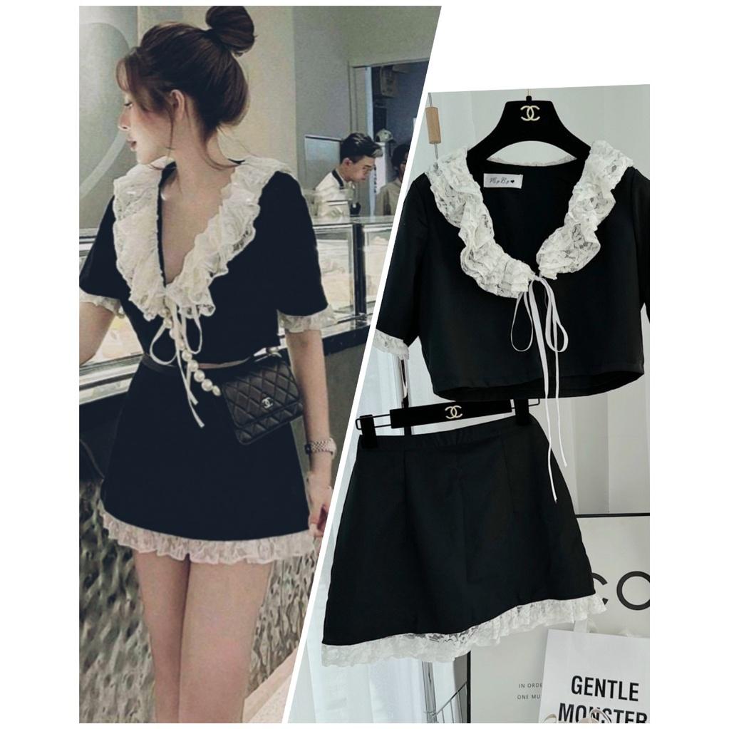 Set crop đen áo phối cổ voan nơ kèm chân váy viền ren dịu dàng cá tính tiểu thư sang chảnh