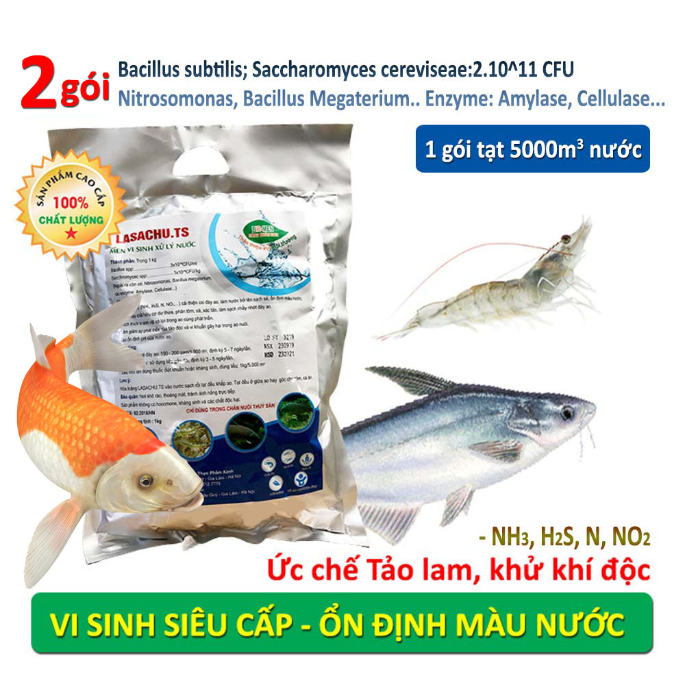 Combo 2 gói Men vi sinh xử lý nước ao hồ Cá Tôm - LASACHU. Làm trong nước, sạch nhớt đáy. Khử mùi hôi, tiêu khí độc . Ức chế vi khuẩn gây hại. HSD: 2 năm