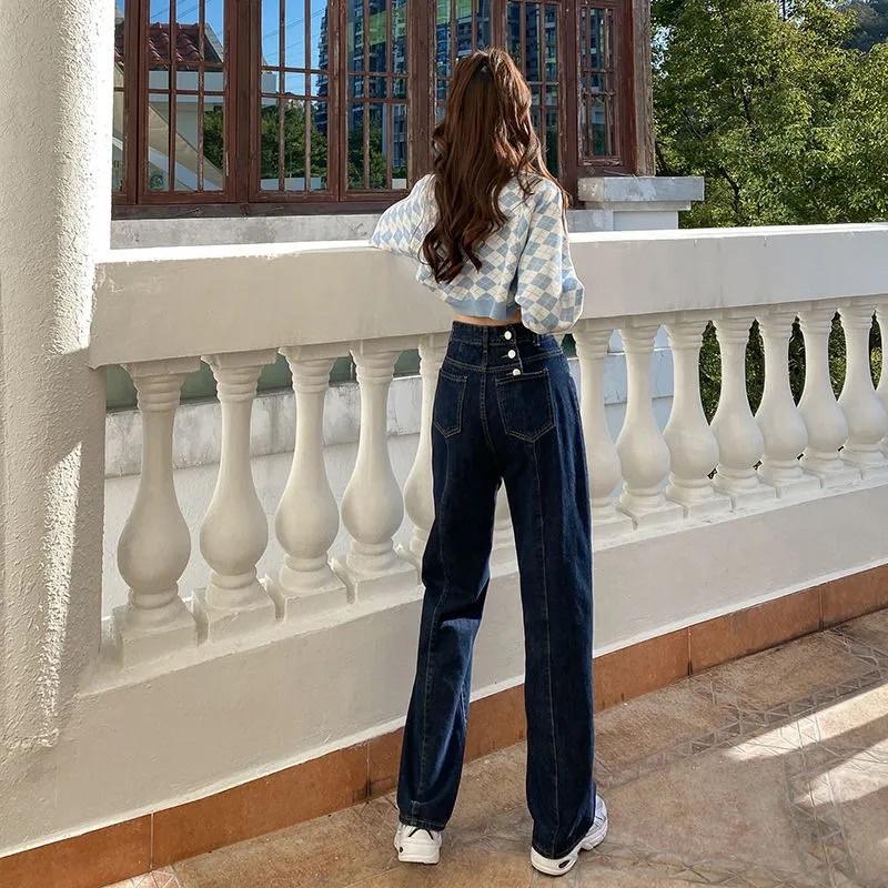 Quần Jeans Nữ Cạp Cao 3 Cúc Sau Màu Xanh Ống Suông Đứng Hàng Quảng Châu Loại 1 Chất Jean Co Dãn Có Túi Mặc Hàng Ngày