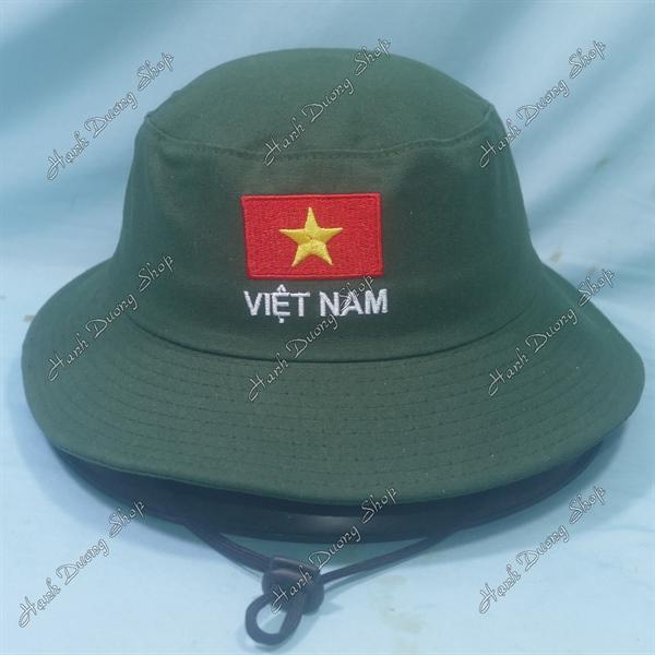 Nón tai bèo trẻ em 6-12 tuổi, mũ tai bèo thêu Lá cờ Việt Nam size đầu 54-56cm, đường kính 19.5cm - Rêu Đậm