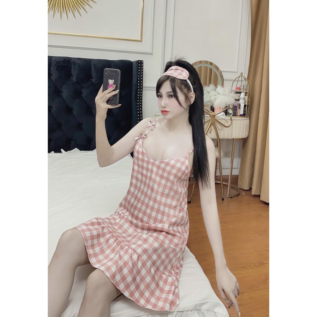 Váy ngủ hai dây đầm ngủ lụa có mút ngực mềm mịn đuôi xếp li MD32