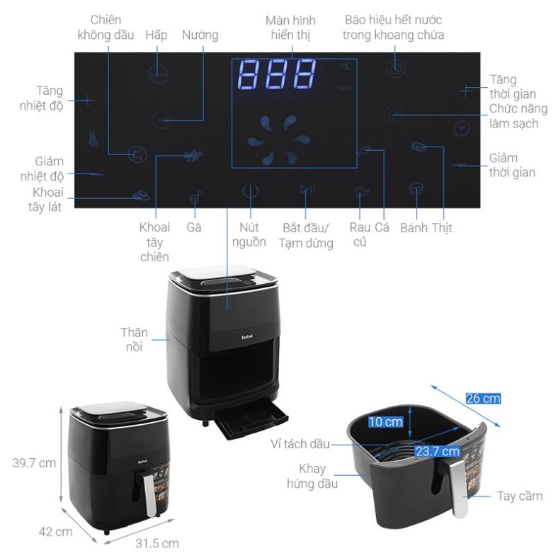Nồi chiên không dầu kết hợp hấp và nướng điện tử Tefal FW201815- giỏ chiên 6.5L/1.6kg - Hàng chính hãng