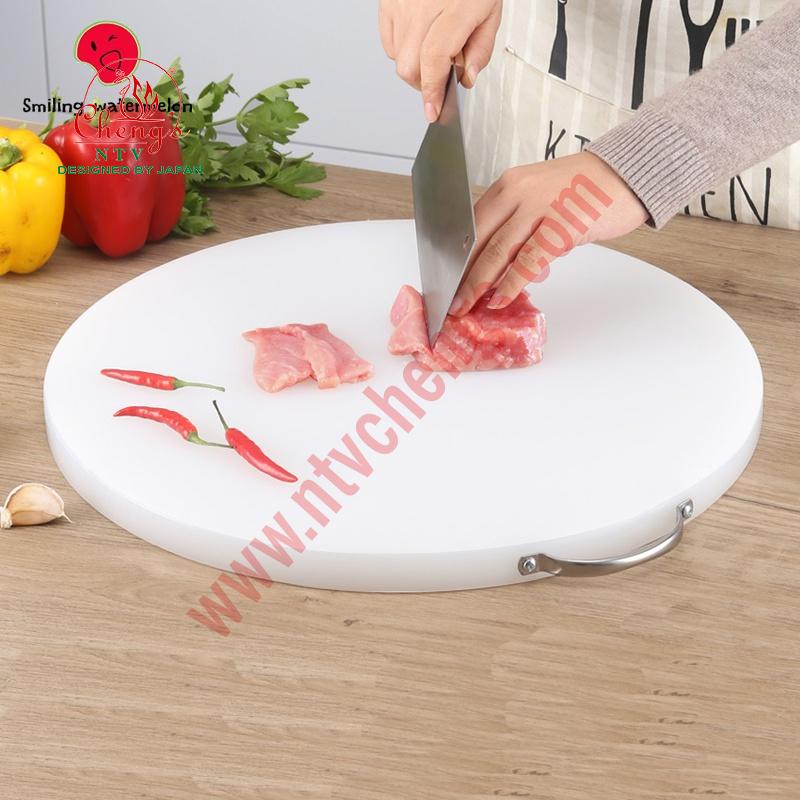 Thớt nhựa PP tròn cao cấp dày 1-4-14cm NTV Cheng's, đường kính 35-40-45cm Chứng nhận FDA Hoa Kỳ - Dùng trong nhà hàng khách sạn | Hàng nhập khẩu  - Màu Trắng - 35cm, dày 1.0cm, tai inox