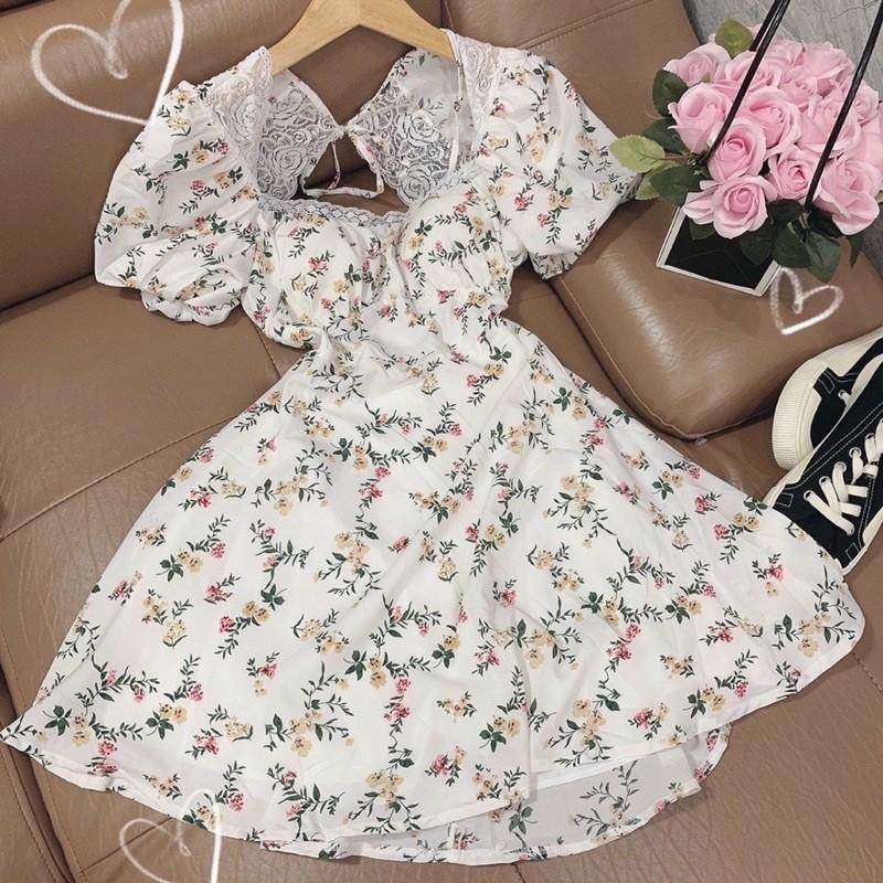 Đầm hoa xoè cut out hở lưng phối ren