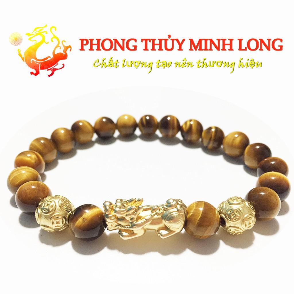 Vòng tay đá mắt hổ Vàng Nâu 5A mix Tỳ Hưu và 2 hạt kim tiền vàng hợp mệnh Kim và Thổ