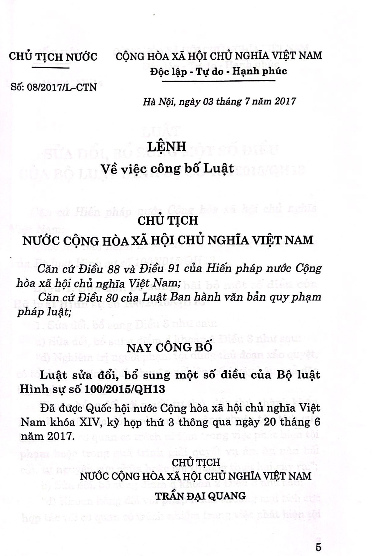 Luật Sửa đổi, bổ sung một số điều của Bộ luật hình sự
