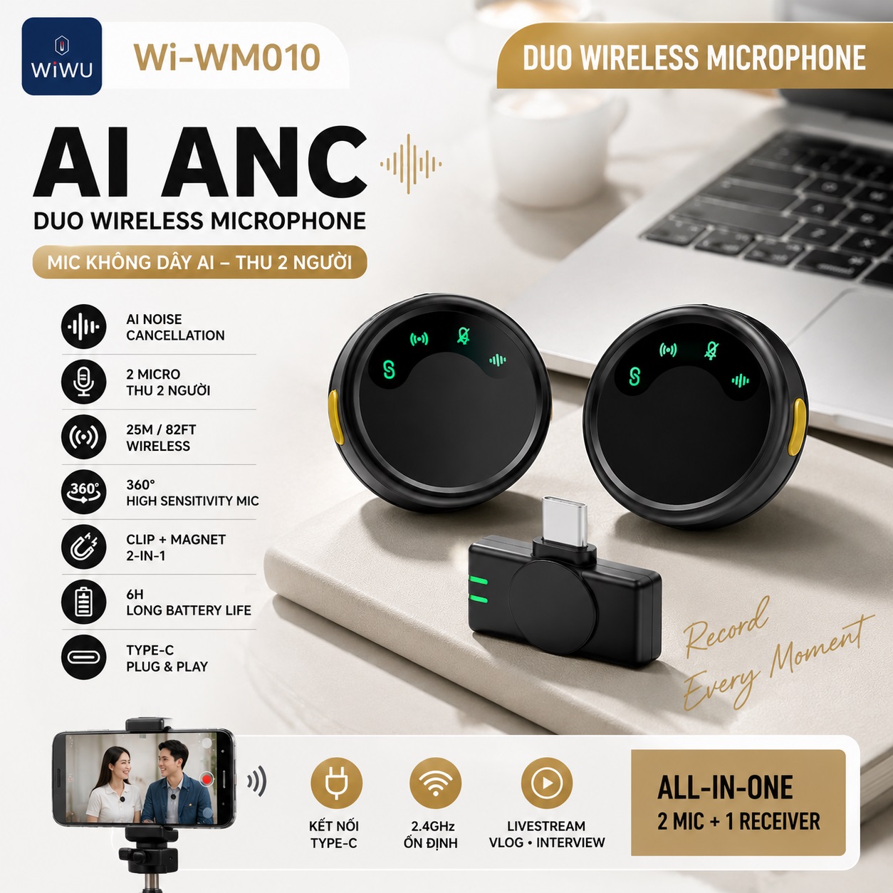 MICRO KHÔNG DÂY AI ANC DUO WIWU Wi-WM010 2 Mic Thu Âm 2 Người 360° 25m Type-C Cho Điện Thoại TikTok Livestream cho iPhone Samsung Oppo Huawei Vivo - Hàng nhập khẩu