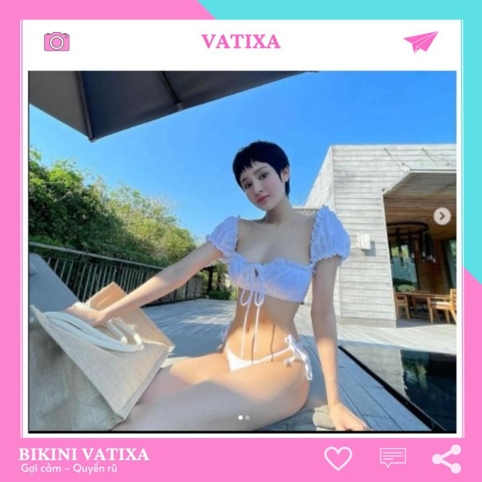 Set bikini đồ bơi 2 mảnh Hiền Hồ tay bồng chip màu trắng áo cúp ngực tay con xinh xắn VATIX