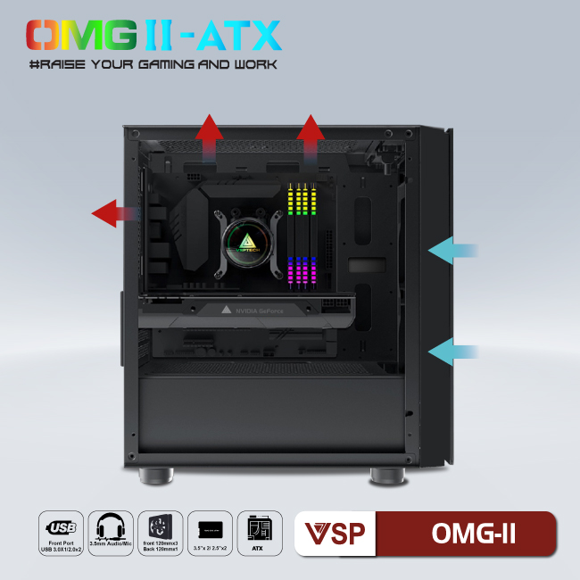 Vỏ máy tính Case VSP OMG II ATX LED Gaming (ĐEN) - Hàng chính hãng TECH VISION phân phối