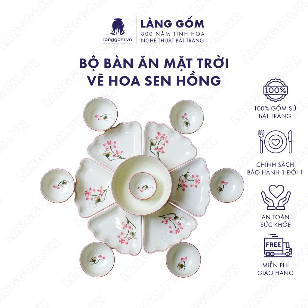 Bộ bàn ăn mặt trời Men trắng vẽ hoa sen hồng - Size: 45 cm - Gốm sứ Bát Tràng - langgom.vn