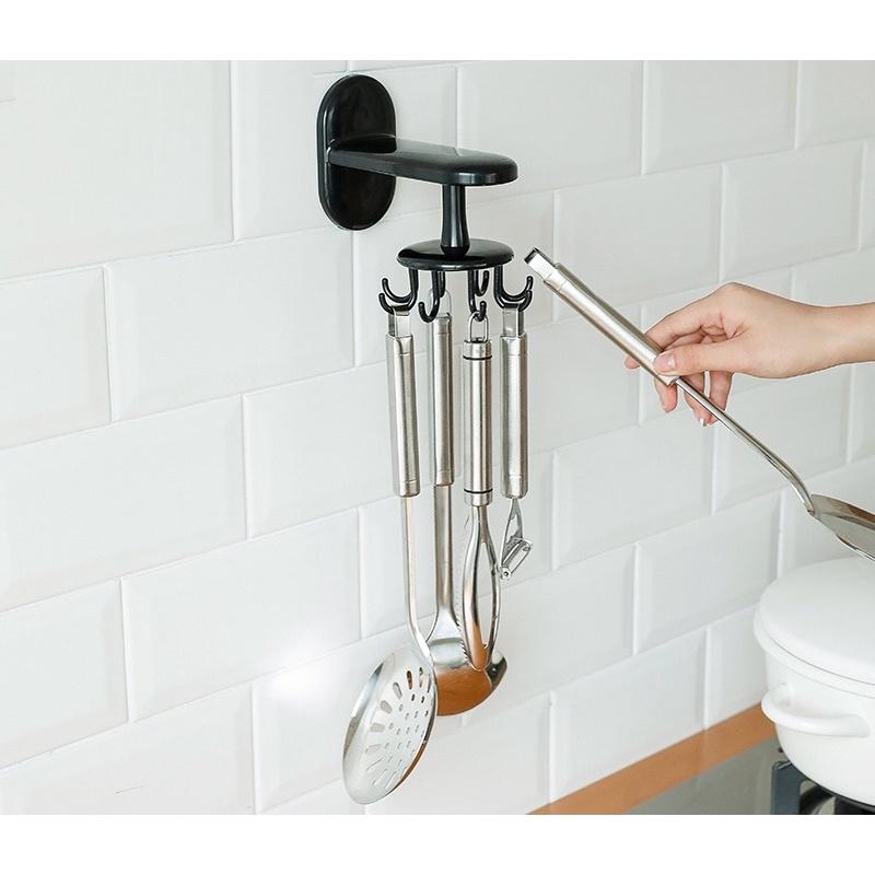Móc treo đồ dùng nhà bếp, nhà tắm đa năng dán tường gồm 8 MÓC xoay 360 độ LOẠI DÀY XỊN- Móc dán tường nhà bếp 8 móc xoay