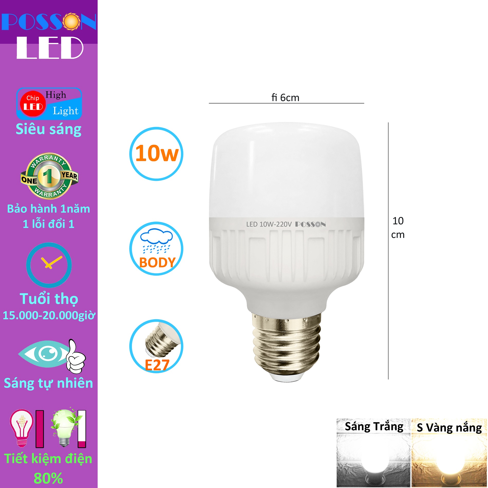 Sỉ 100 Bóng đèn Led trụ 9w 10w bup trụ T60 tiết kiệm điện thân kín chống nước mưa Posson LC-10x