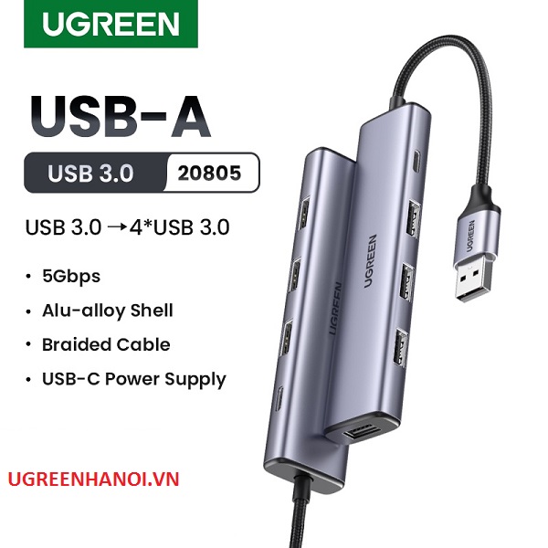 Hub chia USB 3.0 Type-A ra 4 cổng USB 3.0 tốc độ 5Gbps dây bọc dù vỏ nhôm Ugreen 20805 hàng chính hãng