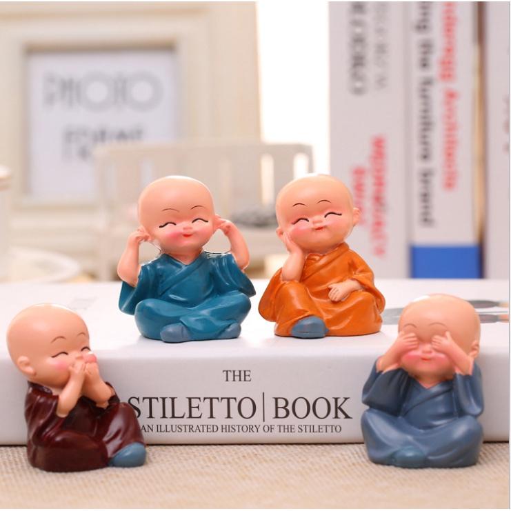 Bộ Tượng Chú Tiểu Hòa Thượng Tứ Không - Phật Phong Thủy Mini 4 Tư Thế, Trang Trí Xe Hơi, Để Bàn Làm Việc