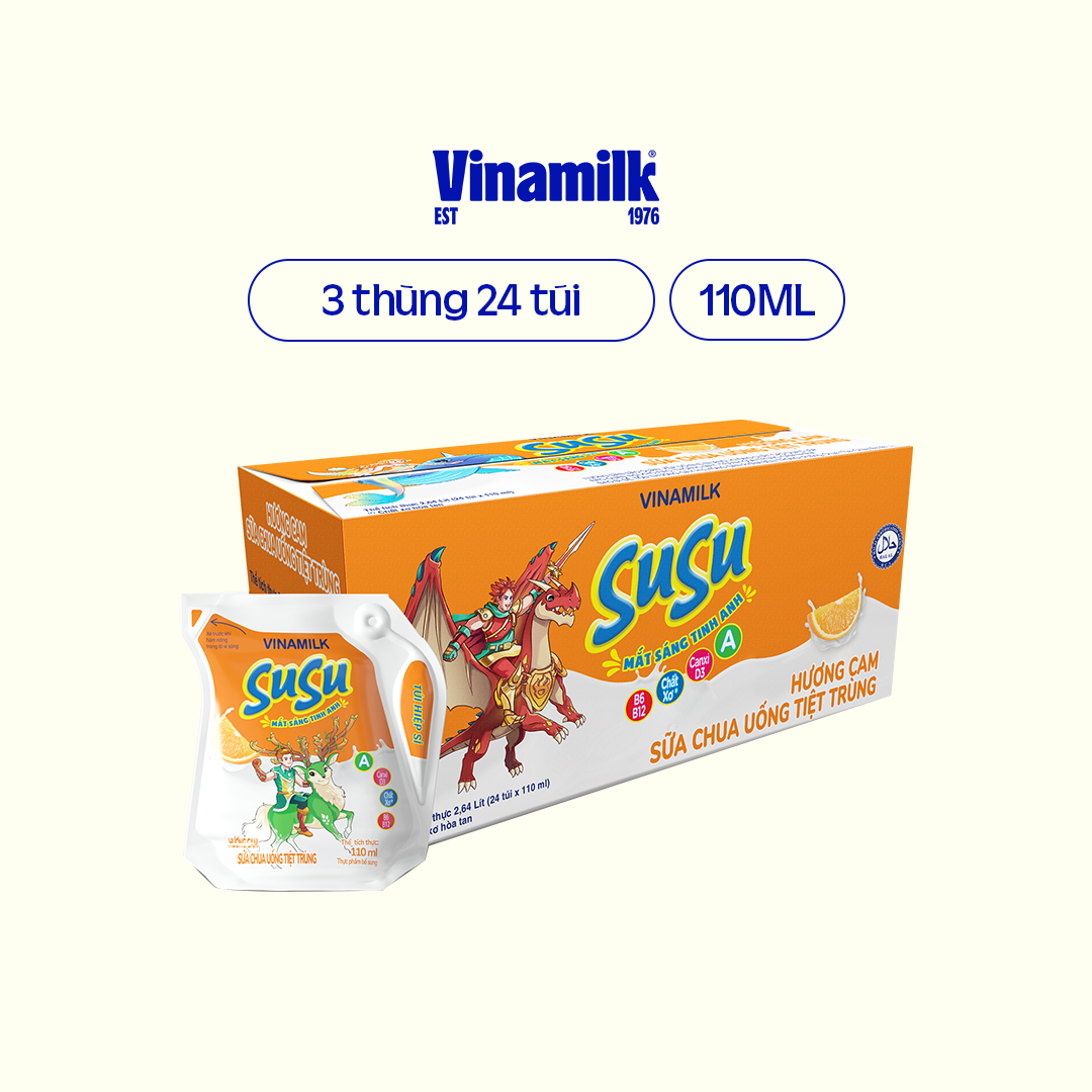 3 Thùng Sữa chua uống tiệt trùng Hương Cam Vinamilk Susu 110ml 24 Túi/ thùng