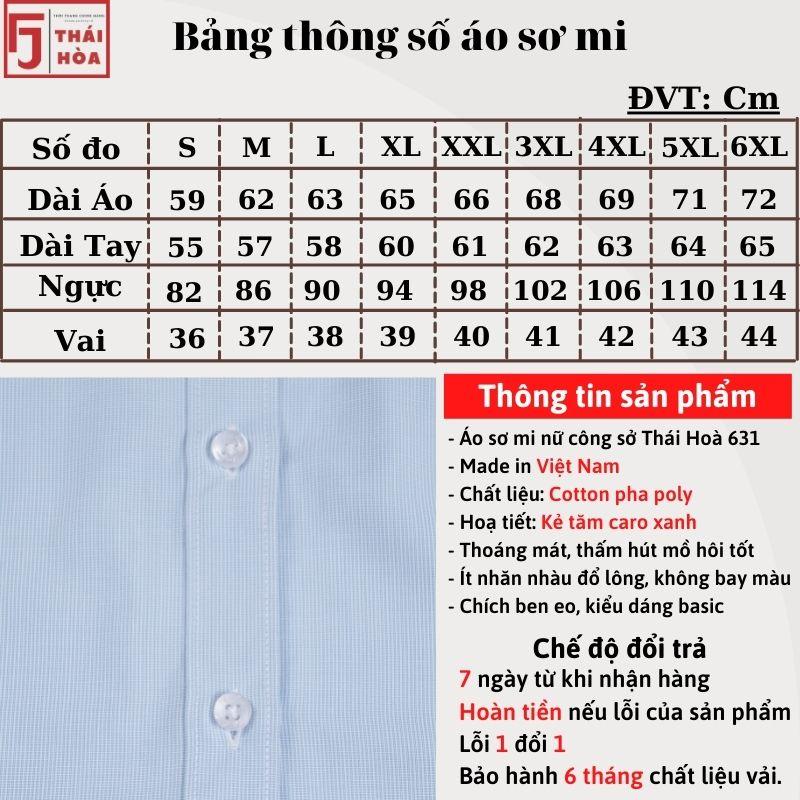 Áo sơ mi nữ Thái Hoà đẹp cao cấp kẻ tăm caro màu xanh cotton công sở 631-12-01