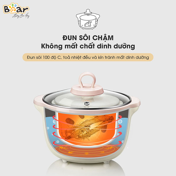 Nồi nấu chậm Bear SUBE002 1,6L màu nâu với 7 chức năng cho các hoạt động: Nấu, hấp, hầm cách thủy, giữ 100% giá trị dinh dưỡng, ... có ruột nồi bằng sứ cao cấp