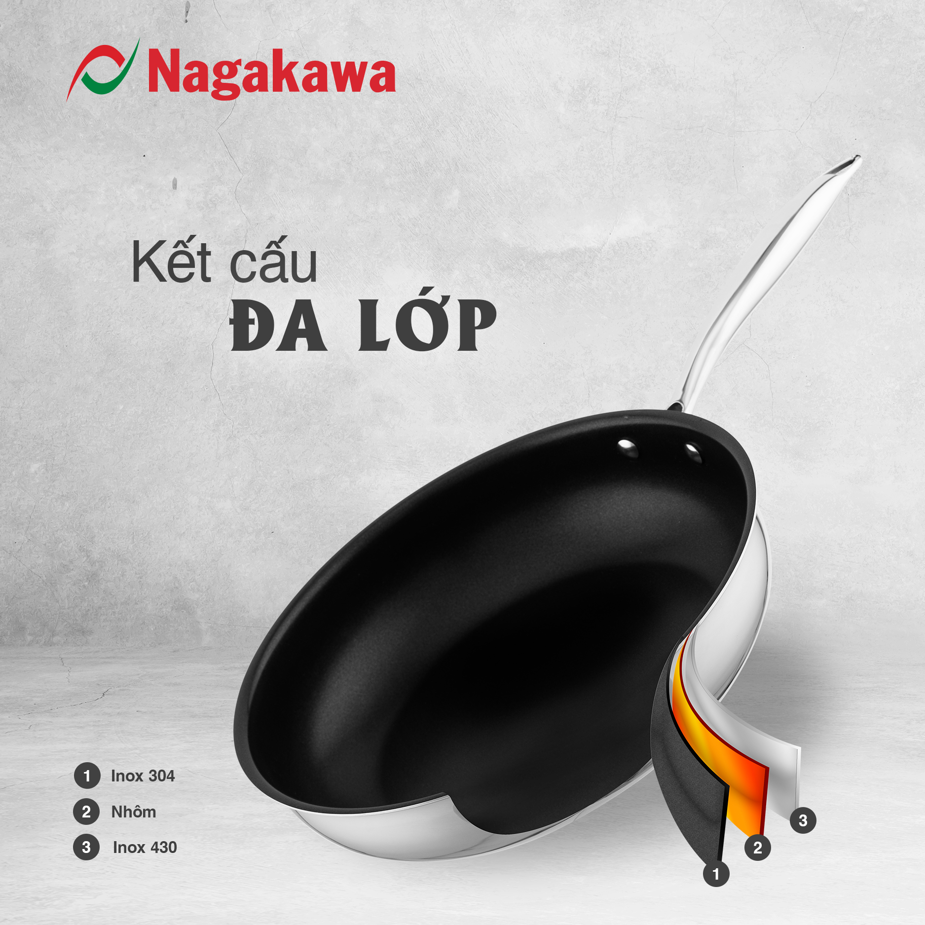 Chảo chống dính inox đa lớp toàn phần Nagakawa Haru NAG3002 - Dùng trên mọi loại bếp (30cm) - Hàng chính hãng