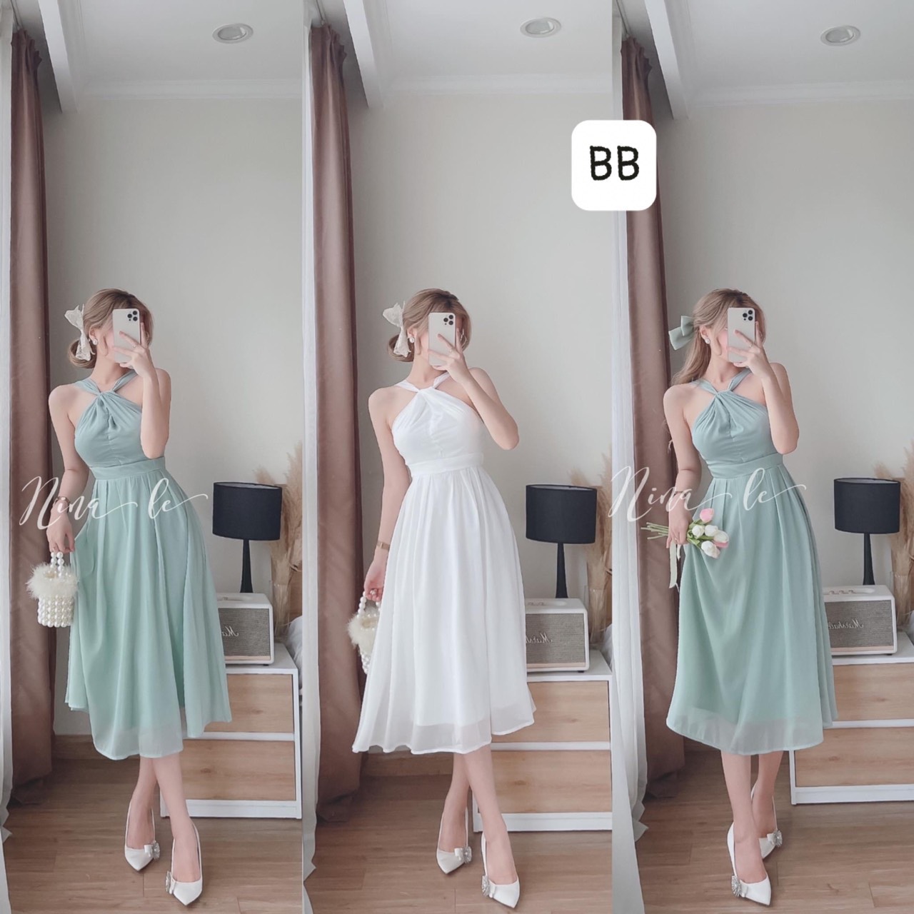 Váy đầm tơ chéo cổ tiểu thư sang chảnh