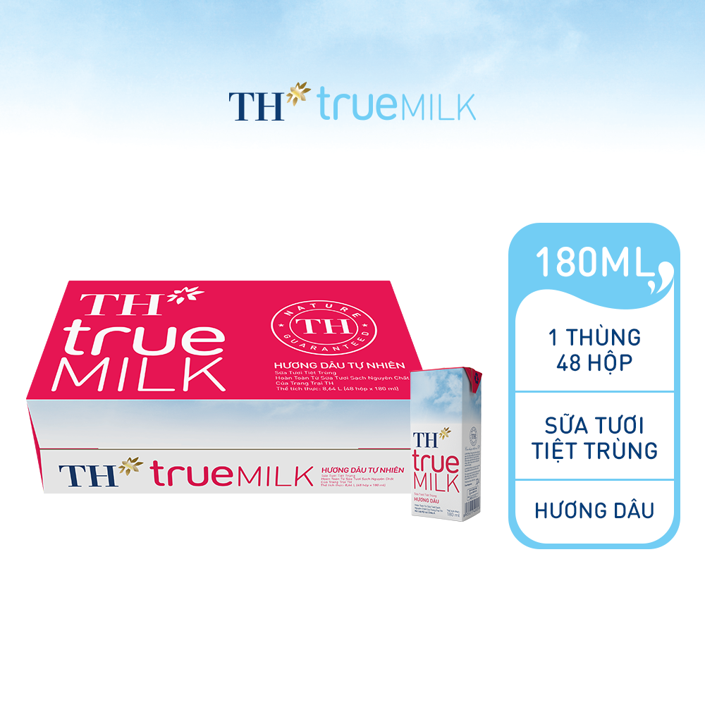 Thùng 48 hộp sữa tươi tiệt trùng hương dâu TH True Milk 180ml (180ml x 48)