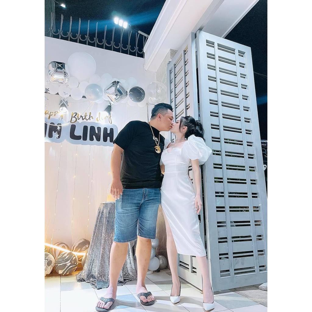 Đầm Body Dự Tiệc Cổ Vuông Tay Ngắn Phồng Vai Bo Eo Xẻ Tà - Vải Lụa - 2 Màu Đen, Trắng - Dành Cho Nàng Đi Tiệc