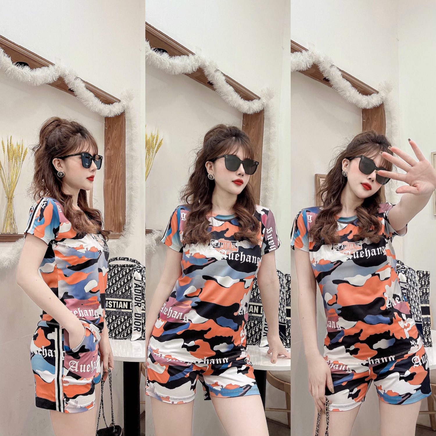 Bộ đồ thun cotton thể thao đùi rằn ri lính