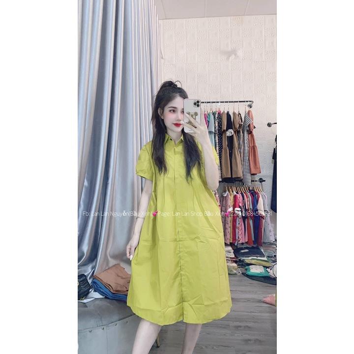Váy Bầu Công Sở Ngắn Tay -Đầm Bầu Dáng Suông Cổ Sơ Mi Chất Mát freesize từ 45-70kg