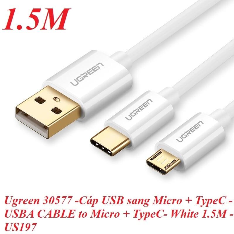 Ugreen UG30577US197TK 1.5M màu Trắng Cáp USB-A sang Micro USB + USB-C cao cấp - HÀNG CHÍNH HÃNG